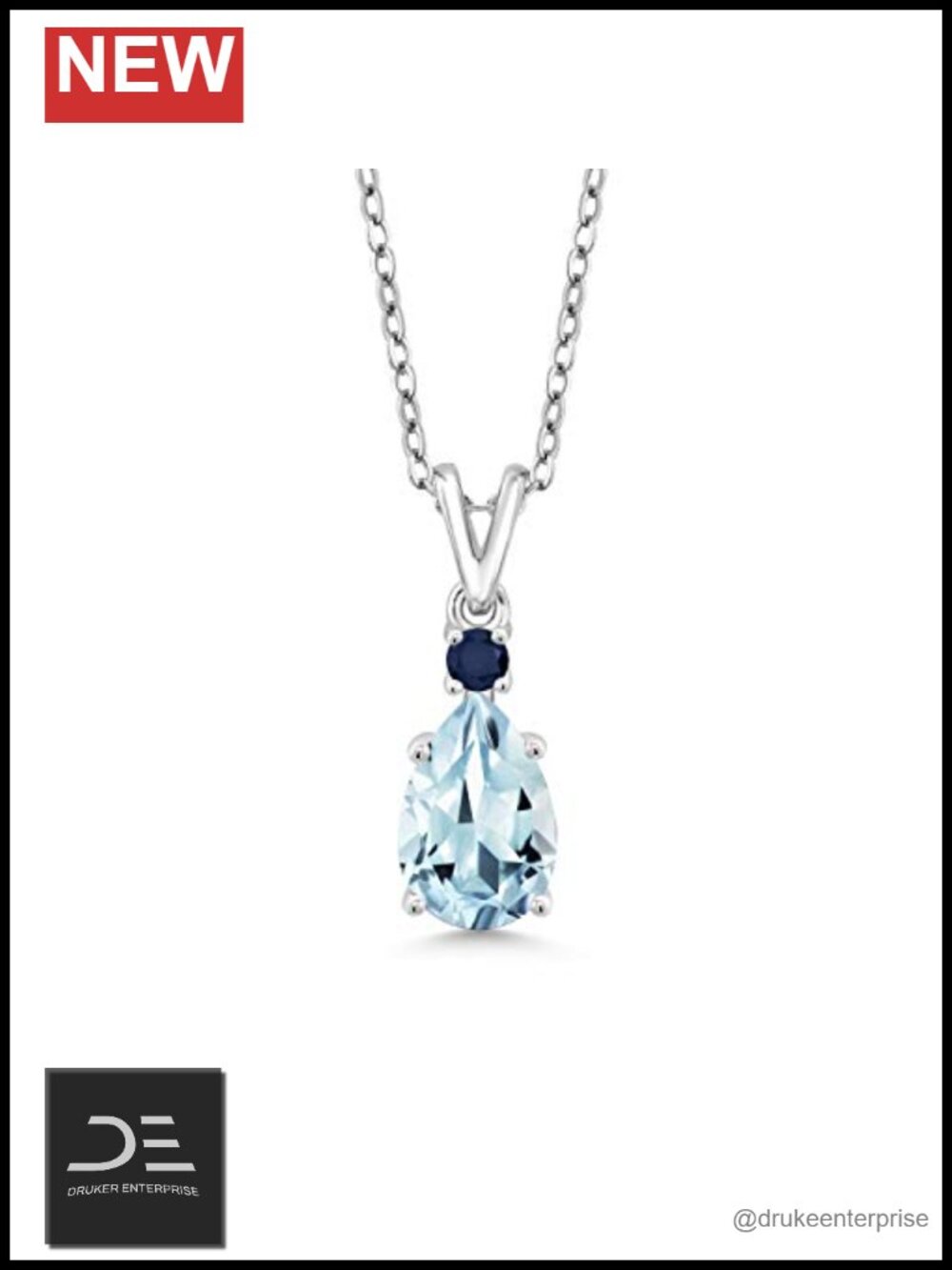 Sterling Silver Aquamarine & Sapphire Pendant Necklace 18 in Chain